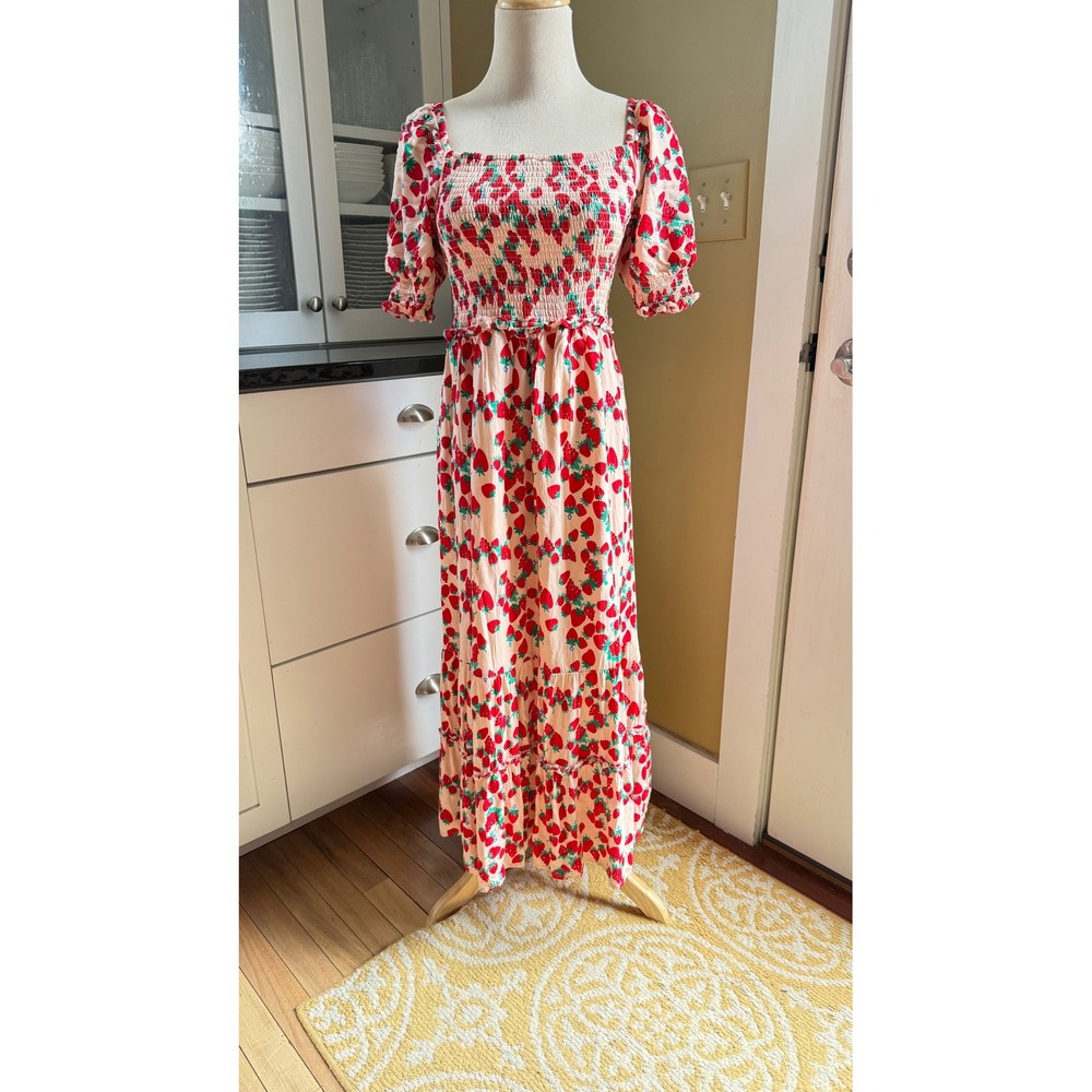 Betsey Johnson Strawberry‎ Print Smocked Maxi Dress Pink Red XS JM18030X
